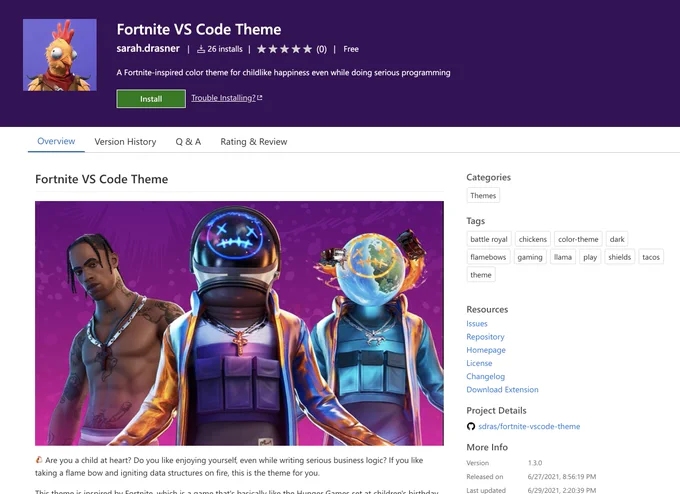 screenshot of the theme in the vs code marketplace