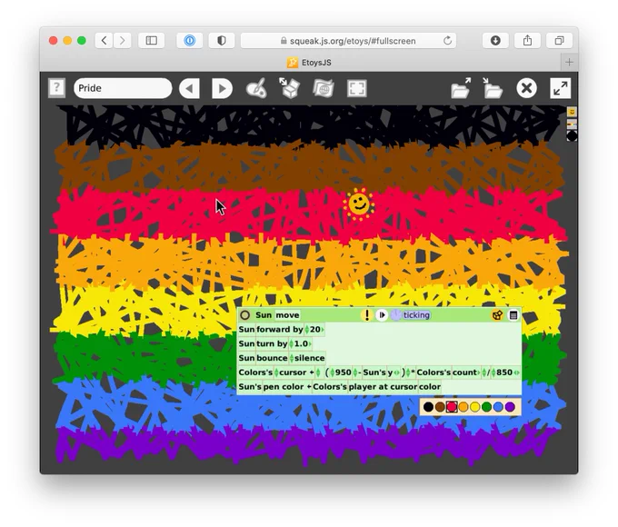 Screenshot of Squeak Etoys running on a web browser window. A tile-based script instructs a Sun-shaped sprite to draw pen trails, taking the Pride flag colors from a holder of color samples based on the Sun’s vertical position.