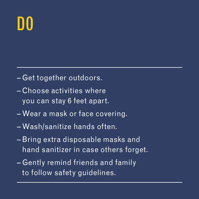 Do

•	Get together outdoors.
•	Choose activities where you can stay 6 feet apart.
•	Wear a mask or face covering. 
•	Wash/sanitize hands often.
•	Bring extra disposable masks and hand sanitizer in case others forget.
•	Gently remind friends and family to follow safety guidelines.
