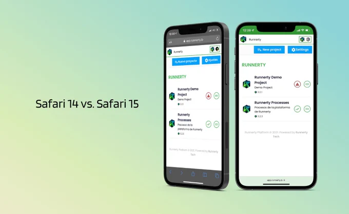 Vista comparativa de app.runnerty.io desde la versión 14 de safari y desde la versión 15, donde se puede ver que en la nueva versión está más integrado en el sistema.