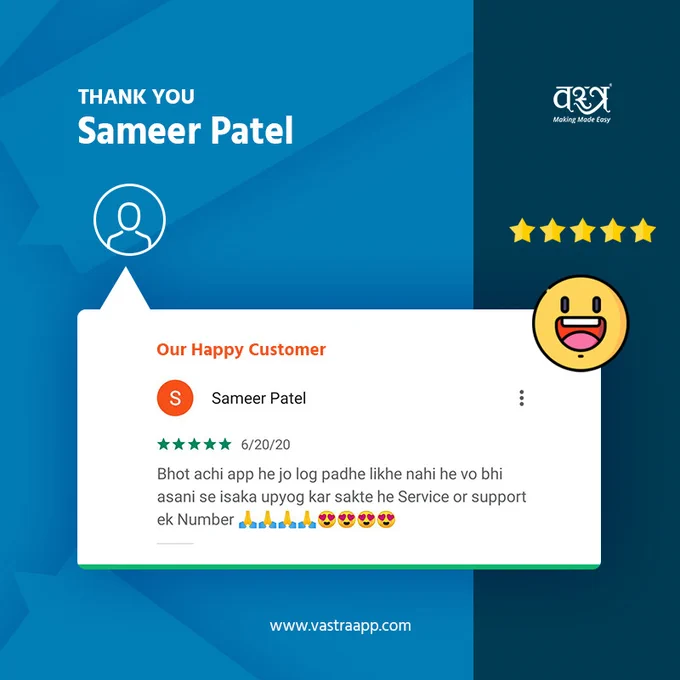 #TextileBusinessOnMobile
#VastraApp
Click here to join VastraApp on Social Networking:
Telegram:
https://t.me/VastraAppOfficial
Instagram:
https://www.instagram.com/vastraapp/
Twitter:
https://twitter.com/vastraapp
We love nothing more than a happy customer. Thanks Sameer Patel for a great review. May your business continue to thrive!
Download App Now!
Android:
https://play.google.com/store/apps/details?id=com.vastra
iOS:
https://apps.apple.com/in/app/vastra-app/id1429785393
आप भी वस्त्र एप से जुड़े और अपने बिज़नेस और लाइफ को बनाये आसान।
Call:  91 80 87 21 22 23
https://api.whatsapp.com/send?phone=918087212223
#textilesoftware #mobileapp #surat #ahmedabad #textile #business #apparel #mumbai #gujarat #happycustomer #customerfeedback #happycustomers #customerservice #love #customersatisfaction #reviews #feedback #customer #review #customerreview #fashion #happy #customerappreciation #smallbusiness #testimonial #follow
