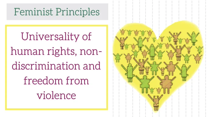 Image with Feminist Principle:  ‘Universality of human rights, non-discrimination and freedom from violence’. Depicted with numerous puzzle people inside a yellow heart. 
