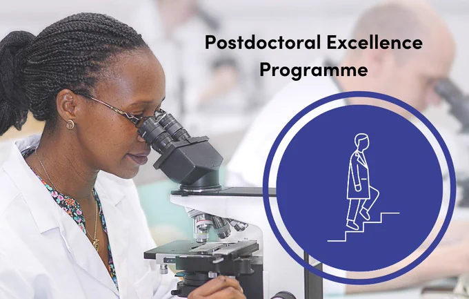 A female researcher looks through the lens of a microscope on the left, a circular icon on the right shows a graphic of a researcher walking up stairs. On top, the text says Postdoctoral Excellence Programme.