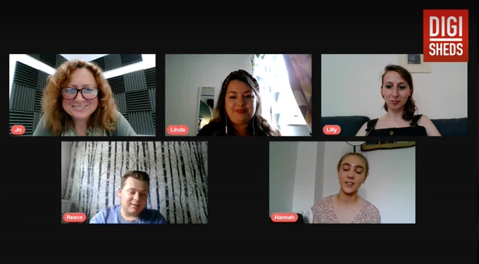 Screenshot of a video conference - Jo, a White woman with mid-length brown hair and glasses; Linda, a White woman with long brown hair; Lilly, a White woman with Long brown hair and vivid blue eyeshadow; Reece, a White man with short brown hair; and Hannah, a White woman with blonde hair in a bun. 