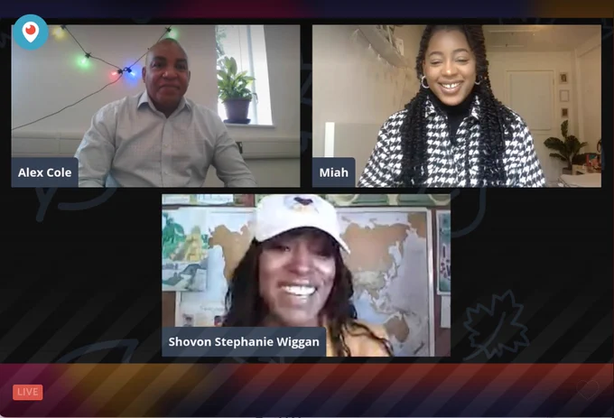 Screenshot of a video conference - Alex Cole, a Black man with a pale blue shirt; Miah Bailey, a Black woman with long black braided hair and a black and white jacket; and Shovon Wiggan, a Black woman with long black hair and a white baseball cap. 