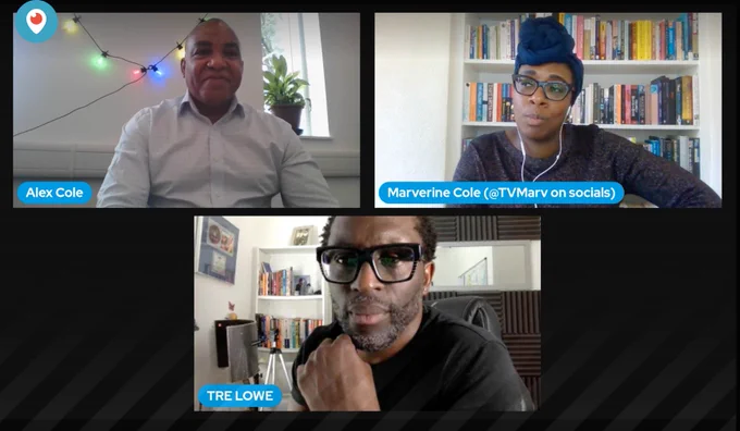 Screenshot of a video conference - Alex Cole, a Black man wearing a light blue shirt; Marverine Cole, a Black woman with a teal head wrap and glasses; and Tre Lowe, a Black Man with glasses and a black t-shirt. 