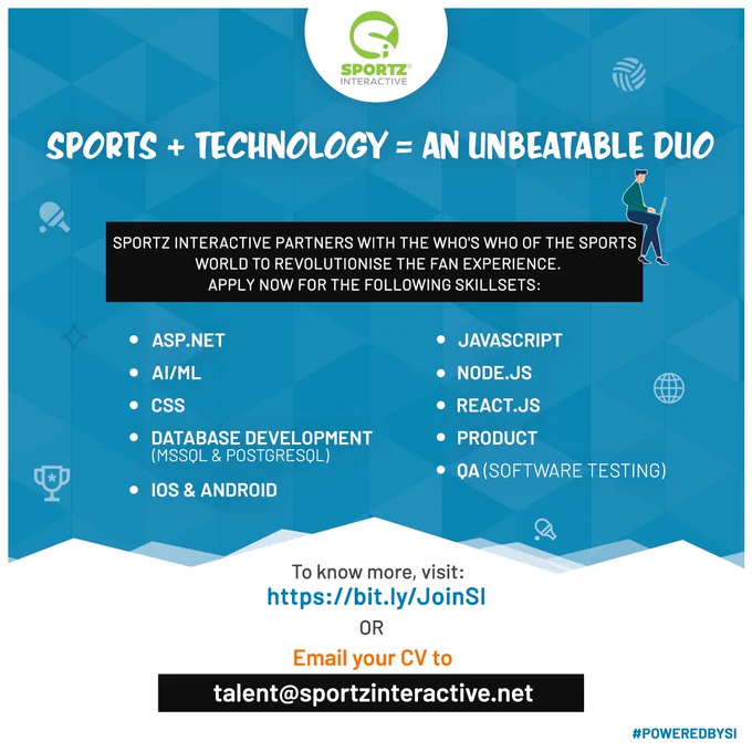 Sportz Interactive, Mumbai is hiring developers across various technical skillsets. Apply now: https://bit.ly/JoinSI