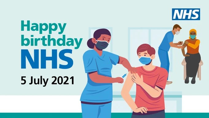 Two nurses giving a vaccination to two members of the public. The words read "Happy Birthday NHS, 5 July 2021."