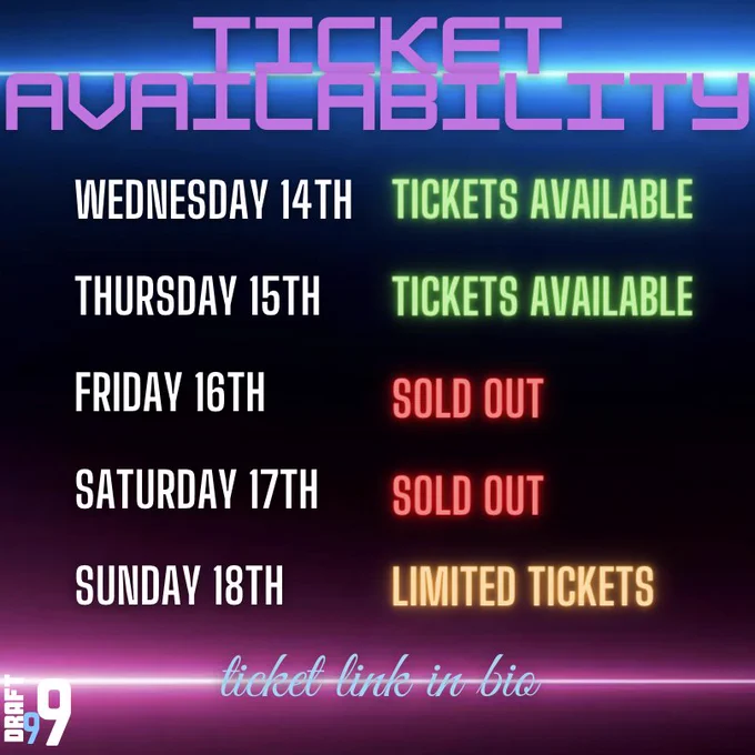 Ticket Availability details stating Wednesday Fourteenth and Thursday Fifteenth have availability. Friday and Saturday are sold out. Sunday Eighteenth has limited availability.
