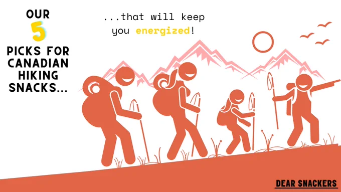 our 5 picks for canadian hiking snacks, graphic of family of four hiking through mountains, these snacks will keep you energized!