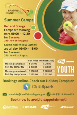 Poster for Bradfield Tennis Centre summer Holiday Camps, 2021