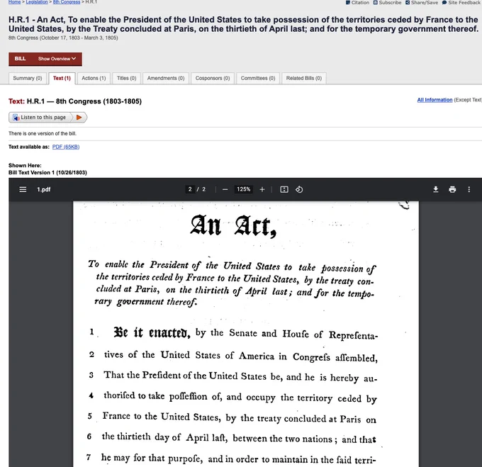 Screenshot on Congress.gov of HR 1 from the 8th Congress