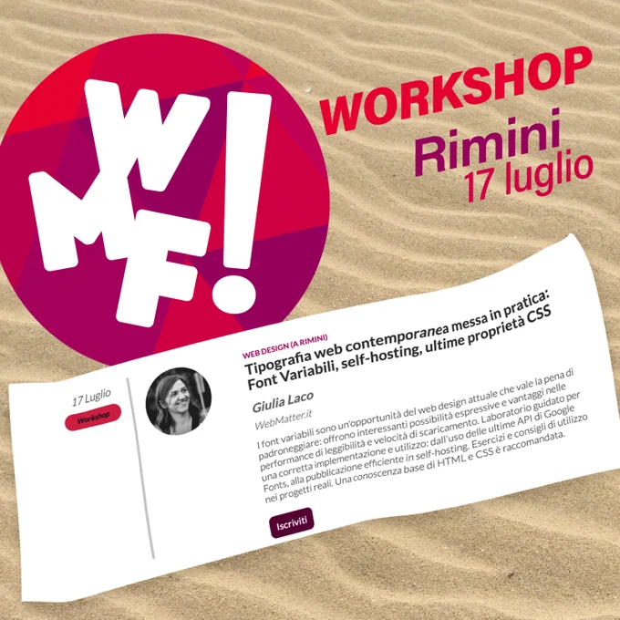 Abstract del workshop come foglietto sulla sabbia e logo del festival