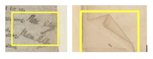 screenshots of false positives from machine learning image identifier: marginalia on left and dogeared page on right