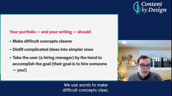 Screenshot of Andy talking about how simplifying your portfolio helps make it easier for someone to hire you.