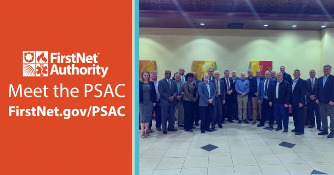 FirstNet authority logo; "Meet the PSAC; FirstNet.gov/PSAC;" PSAC team standing for a photo