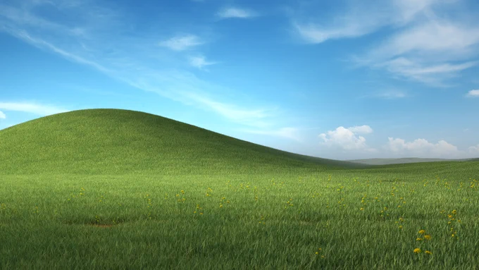 Nostalgic Microsoft Teams background featuring the Windows "Bliss" desktop background.