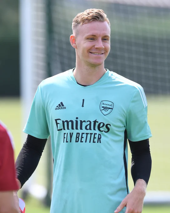 Bernd Leno smiles during today's training session at London Colney
