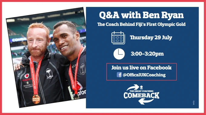 Image of Fiji's Olympic gold medal-winning coach Ben Ryan with a medal around his neck and a member of the Fiji 7's side. Includes details of when the session will be held on facebook. Thursday 29 July at 3pm for 20 minutes.