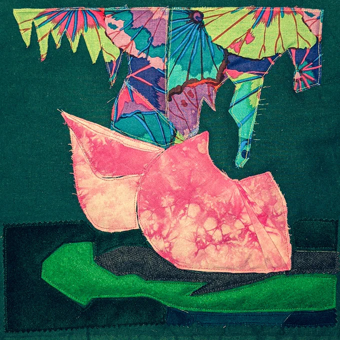 A textile reimagining of the album cover for 'Doubt & Reckoning', its an abstract collage of greens, tie dye pinks and flower pattern