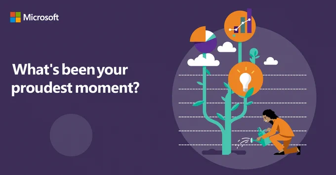 Purple background with a graphic of someone watering a growing plant. The copy reads as follows: What's your proudest moment?