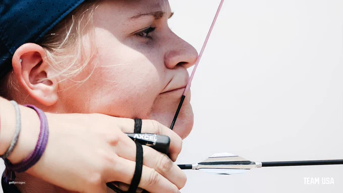 U.S. Olympic archer Mackenzie Brown takes aim in the ranking round of the women's individual archery competition.