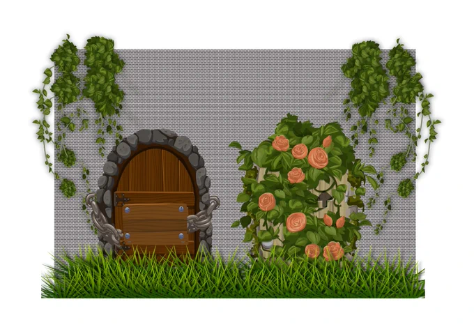 Eine mit Efeu bewachsene Mauer, vor der hohes Gras wächst. In der Mauer sind zwei Türen: Eine alte, in Steinen eingerahmte und mit schweren eisernen Ketten versehene Holtür und eine mit Rosen komplett zugewachsene Tür aus hellem Holz. Durch diese Türen kommt man in das Dungeon.
