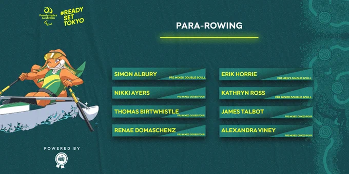 Text on image reads: Australian Para-rowing team for the Tokyo 2020 Paralympic Games. Simon Albury, Nikki Ayers, Thomas Birtwhistle, Renae Domaschenz, Erik Horrie, Kathryn Ross, James Talbot, Alexandra Viney.