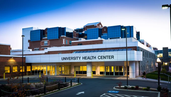 JMU's University Health Center at dusk.