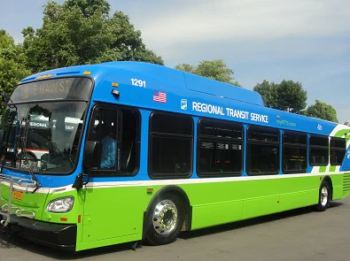 Image of an RTS bus on the street behind there are trees and it is sunny outside.