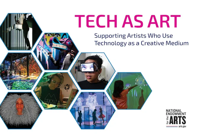 cover of Tech as Art publication with text Tech As Art Supporting Artists Who use Technology as a Creative Medium and a honeycomb design with various pictures of technology-driven artworks