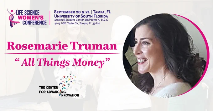 A banner for Rosemarie Truman for her panel, "All Things Money", read in feminine curly font. 