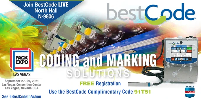See BestCode LIVE in North Hall N-9806 at PackExpo Las Vegas 2021 September 27-29 at the Las Vegas Convention Center. Free Registration with BestCode's complimentary code 91T51. Meet with the coding and marking experts for all your marking and coding challenges.