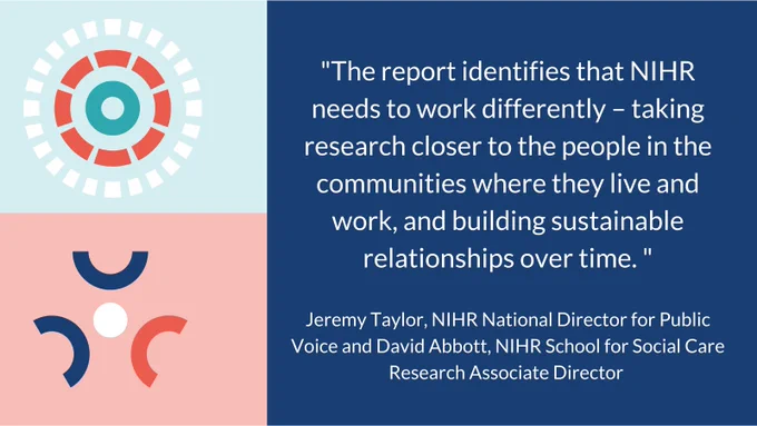 "The report identifies that NIHR needs to work differently – taking research closer to the people in the communities where they live and work, and building sustainable relationships over time. " Jeremy Taylor NIHR National Director for Public Voice and David Abbott, NIHR School for Social Care Research Associate Director 