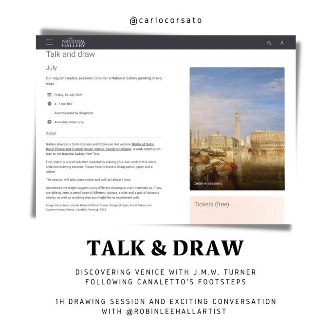 Carlo Corsato and Robin-Lee Hall 
Talk and Draw
The National Gallery
Friday 16 July 2021
4-5 pm BST