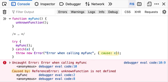 screenshot of Firefox WebConsole, with a snippet throwing a new Error with a cause property. The resulting error message in the console shows the Error and another line below starting with "Caused by:" and then the error that was passed as the cause