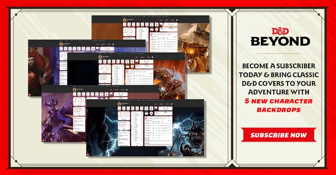 D&D Beyond. Become a subscriber today & bring classic D&D covers to your adventure with 5 new character backdrops. Subscribe now! The image shows five character sheets with different book cover backdrops: Rise of Tiamat, Curse of Strahd, Player's Handbook, Dungeon Master's Guide, and Monster Manual