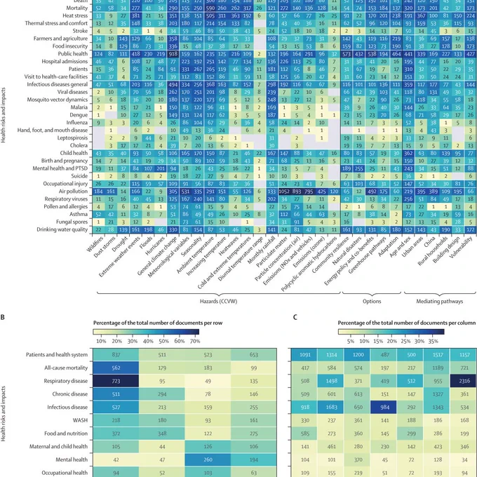 Heat maps showing the co-occurrence of documents by individual topics and aggregated categories
