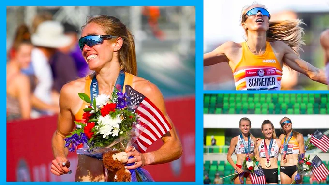 A collage of photos from the Olympic Trials featuring Rachel Schneider in track uniform smiling, crossing the finish line, and standing with other medalists (Photos courtesy @jaybendlinphoto and @justinbritton)