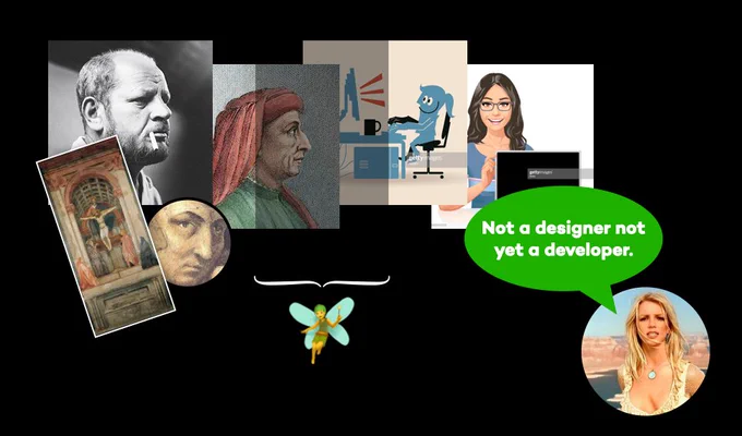 Slide taken from the talk showing different artists and a photo of Britney Spears saying "Not a designer not yet a developer"