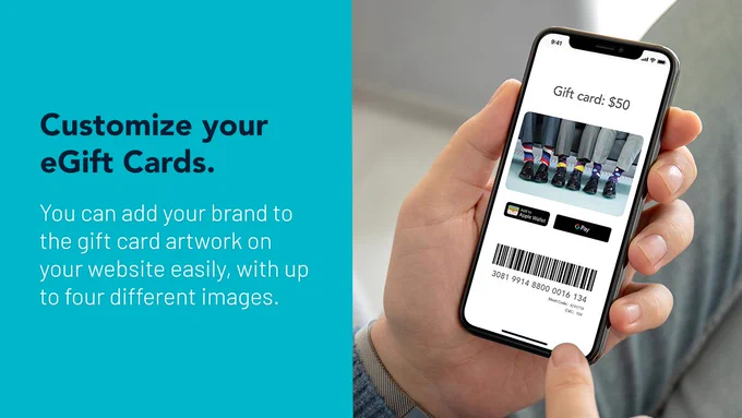 Cropped photo of someone on their mobile phone, looking at a customized electronic gift card. TEXT: Customize your eGift Cards. You can add your brand to the gift card artwork on your website easily, with up to four different images.