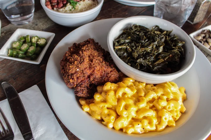 Fried chicken, collard greens, Mac & cheese