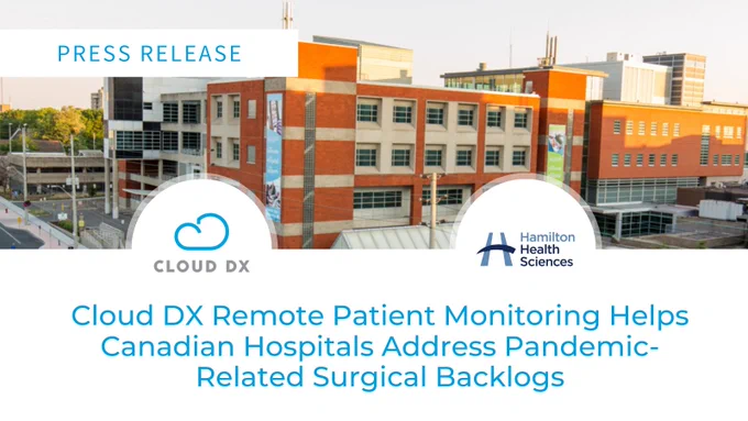 Top half of image exterior shot of Hamilton Health Sciences building
Bottom half image: field of white with blue text reading: Cloud DX Remote Patient Monitoring Helps Canadian Hospitals Address Pandemic-Related Surgical Backlogs