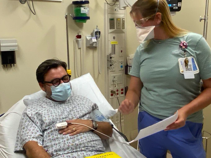 Photo of patient receiving sotrovimab - a treatment for Covid-19