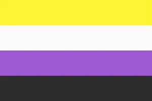 A striped yellow, white, purple and gray flag.