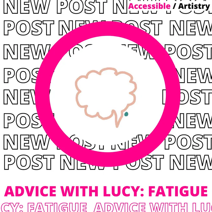 White background with a hand drawn outline of a brain with a blue dot near the brain-stem, representation a brain tumour. There is a thick circle for a border with “NEW POST” repeated in bold text as a background. At the bottom of the image is the text ADVICE WITH LUCY: FATIGUE.