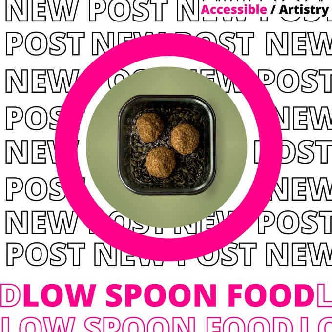 Graphic post, an image of cereal balls in a glass bowl cropped in a green circle shape. There is a thick circle for a border with “NEW POST” repeated in bold text as a background. At the bottom of the image is the text LOW SPOON FOOD.