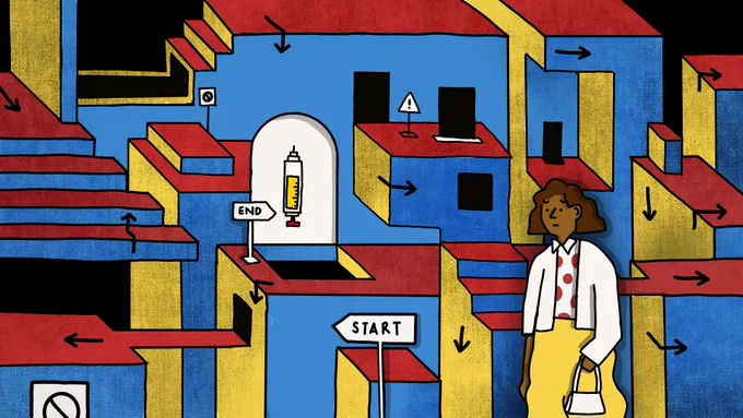An illustration of a woman from a black or minority ethnic background, who is an undocumented migrant, facing a maze in order to get the Covid-19 vaccine. The woman is standing at the 'start' looking confused. Illustrator is soofiya.com. 