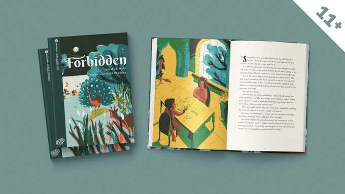 the cover of the book forbidden, featuring a peacock, an an open copy of the book with an illustration of a girl at a desk on the left page and a page of text on the right.