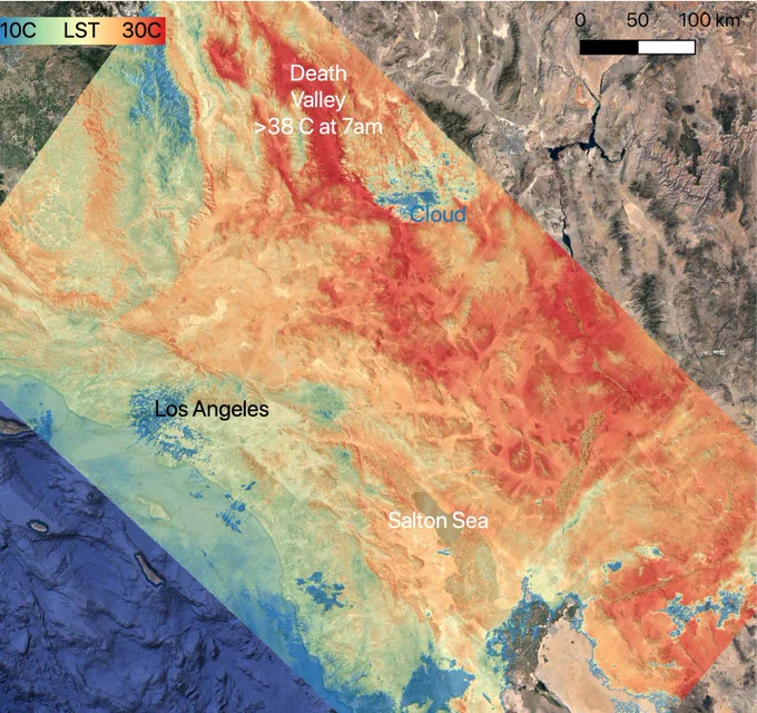 On July 8, 2021, NASA’s ECOSTRESS instrument, aboard the space station captured ground surface temperature data over California. Areas in red – including Death Valley – had surpassed 86 degrees Fahrenheit by 7:16 a.m. local time, well above average ground surface temperatures for the area. 

Image Credit: NASA/JPL-Caltech
